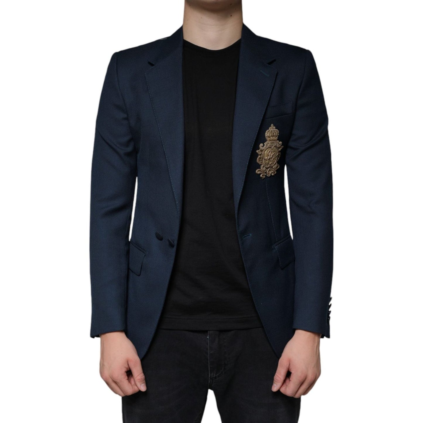 Dolce & Gabbana Blue Wool Logo Single Breasted Coat Blazer Dolce & Gabbana Black