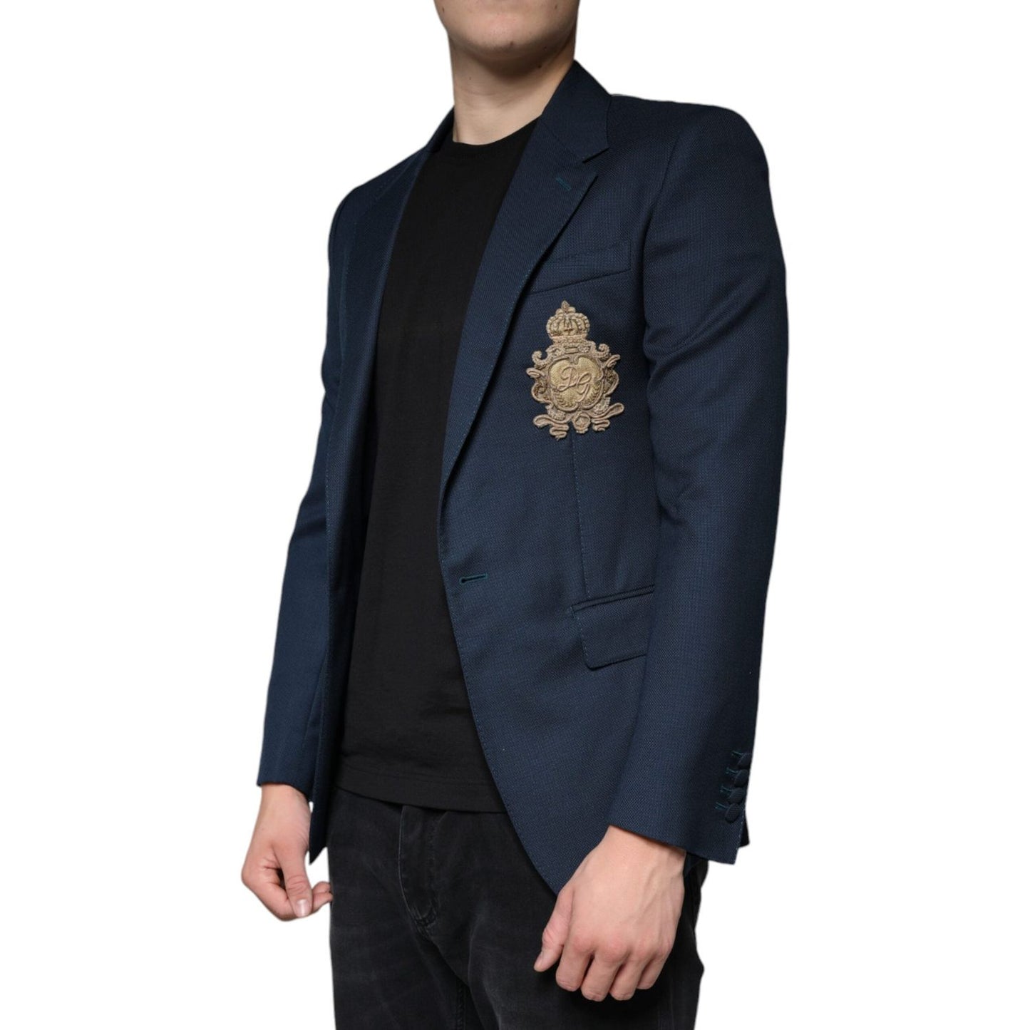 Dolce & Gabbana Blue Wool Logo Single Breasted Coat Blazer Dolce & Gabbana Dark Slate Gray