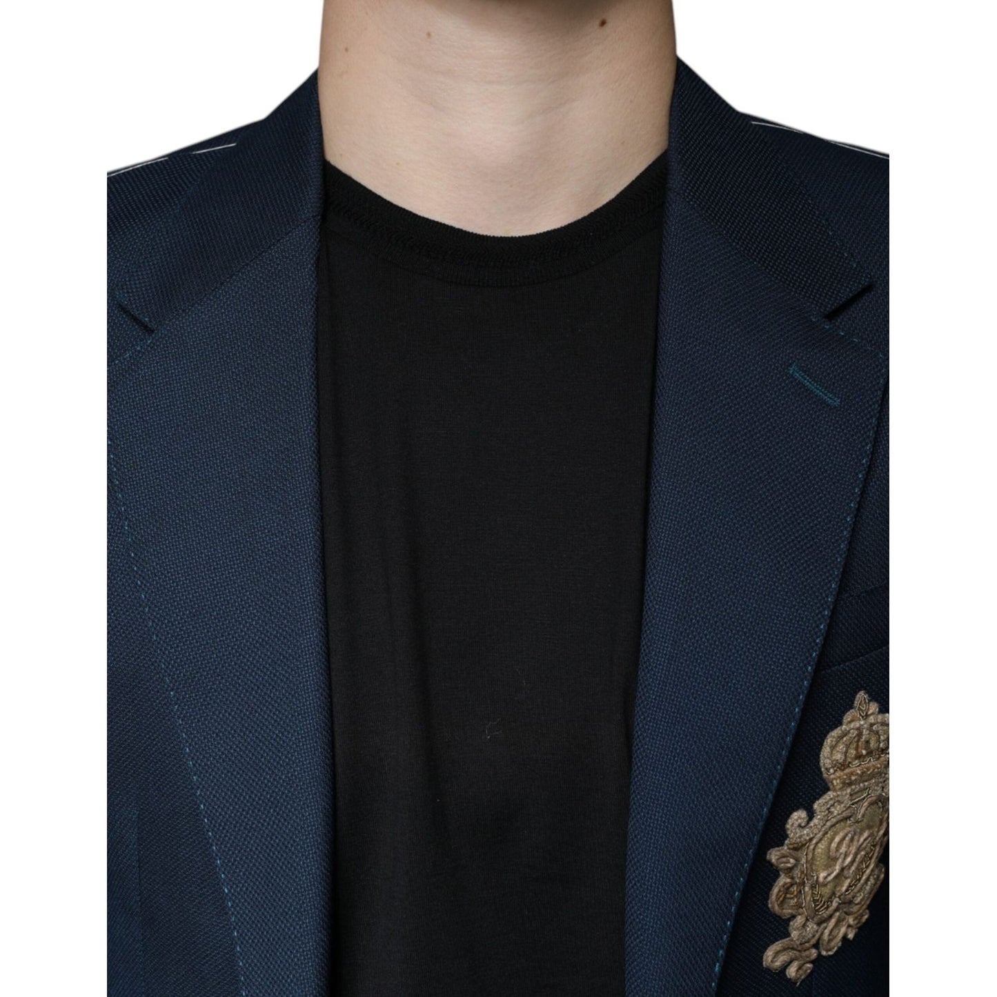 Dolce & Gabbana Blue Wool Logo Single Breasted Coat Blazer Dolce & Gabbana Black