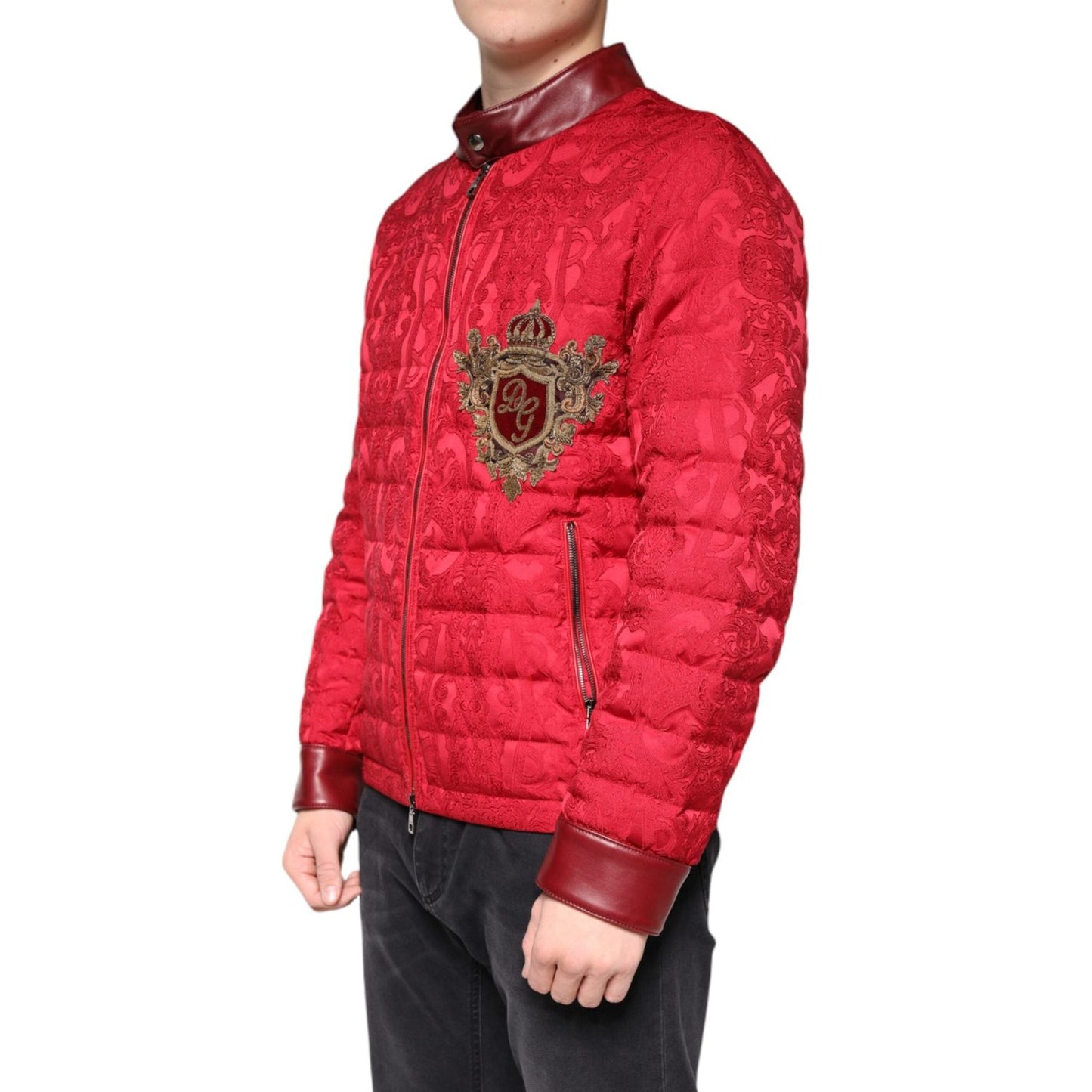 Dolce & Gabbana Red Quilted Bomber Gold Crown Logo Jacket Dolce & Gabbana Maroon