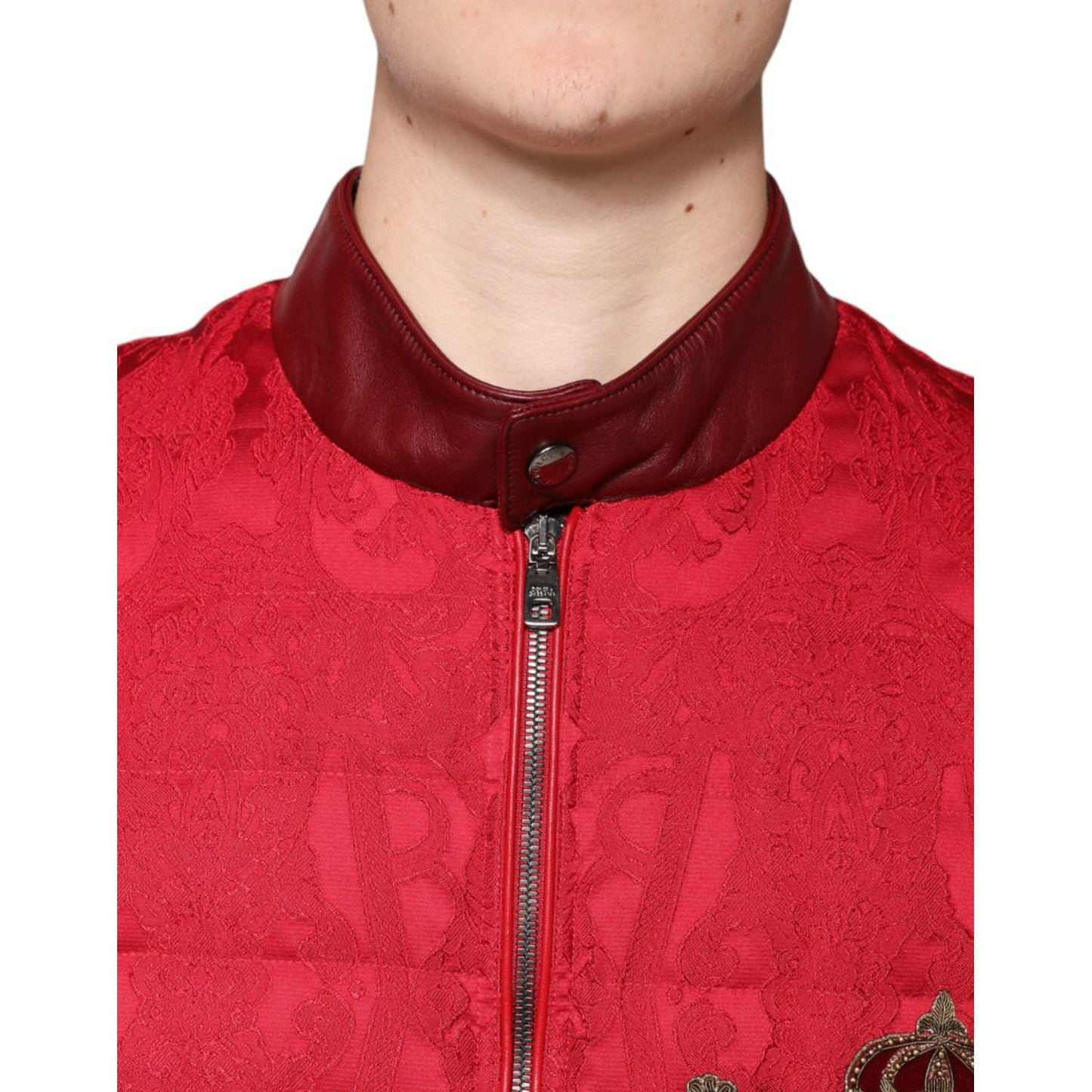 Dolce & Gabbana Red Quilted Bomber Gold Crown Logo Jacket Dolce & Gabbana Firebrick