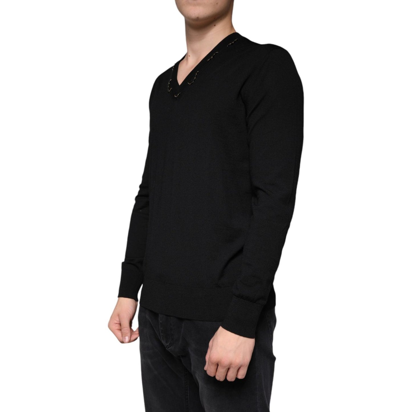 Dolce & Gabbana Black Embellished V-neck Pullover Sweater Dolce & Gabbana Black