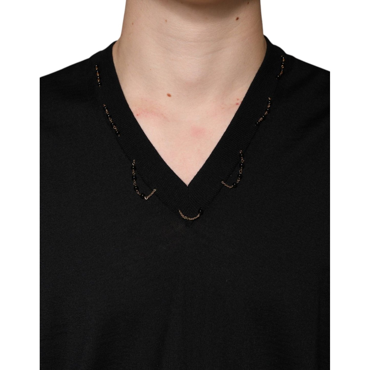 Dolce & Gabbana Black Embellished V-neck Pullover Sweater Dolce & Gabbana Tan