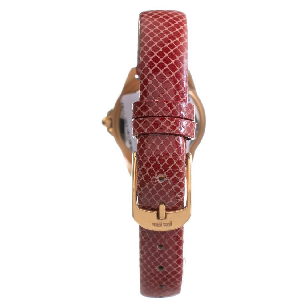Folli Follie Red Leather Dress Watch with pink stainless steel case, gray dial, and mineral glass, featuring red leather strap with buckle.