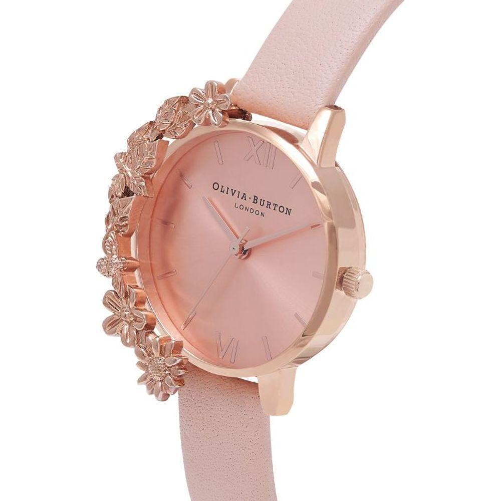 Olivia Burton Multicolor Artificial Leather Dress Watch with pink dial, stainless steel case, floral design, and pink synthetic leather strap.