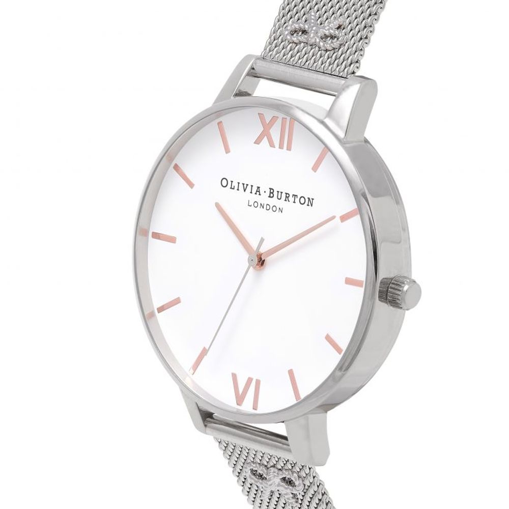 Olivia Burton Silver Stainless Steel Dress Watch with white dial and silver mesh bracelet, featuring quartz analog display.