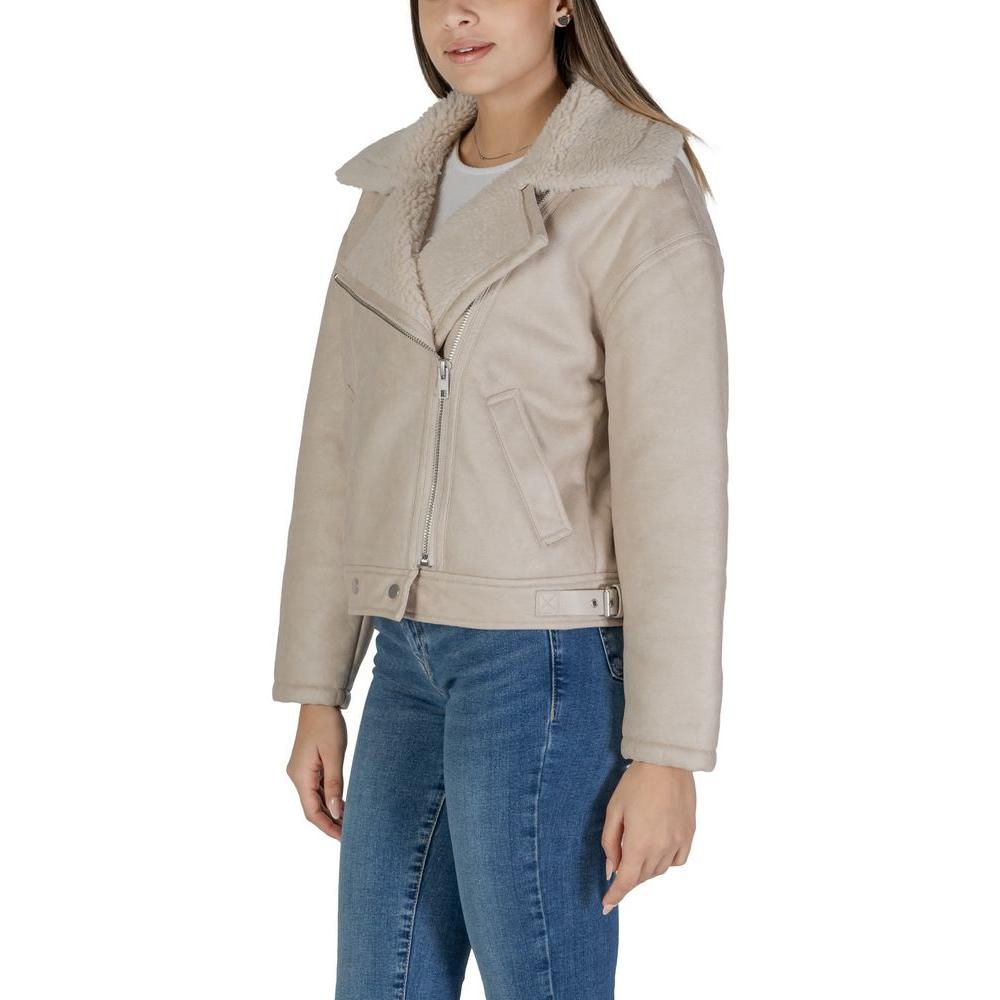 Vila Clothes Beige Artificial Leather Jackets & Coat Vila Clothes Dark Gray