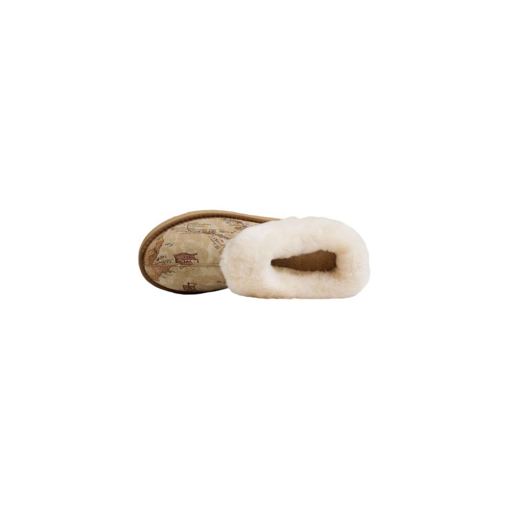 Alviero Martini Prima Classe beige fabric boot for women, fall/winter collection, side view showing plush interior and classic design.