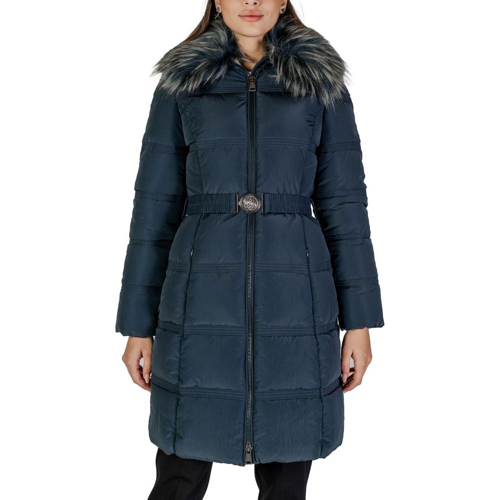 Women's black polyester jacket with faux fur collar, fall winter collection, Guess brand, full length view.