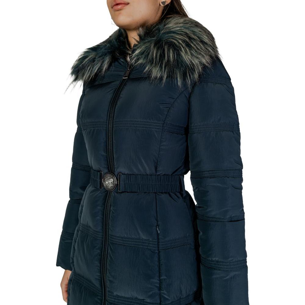 Women's Guess black polyester jacket with faux fur collar, fall/winter collection, stylish warm coat for women