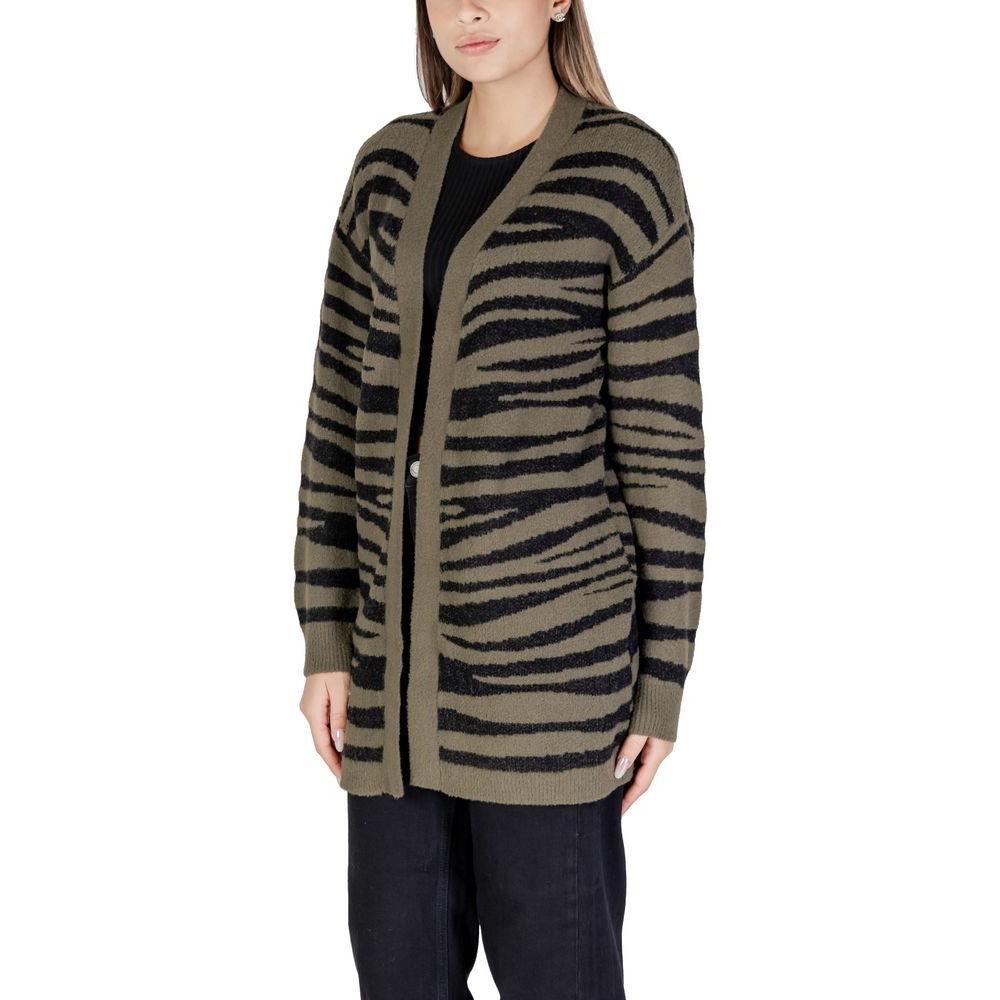 Jacqueline De Yong green nylon cardigan with zebra print pattern, women's fall/winter knitwear, front view.