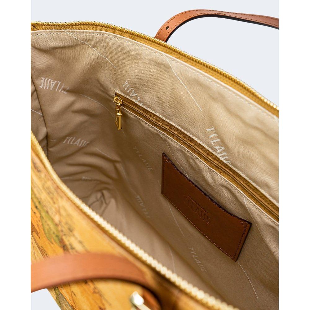 Interior of Alviero Martini Prima Classe beige leather handbag showing zip pocket and lining with brand logo.
