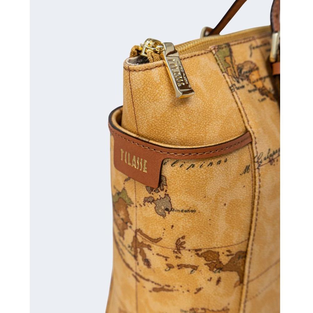 Alviero Martini Prima Classe beige leather handbag with map design, gold zippers, and brown accents for autumn/winter collection.