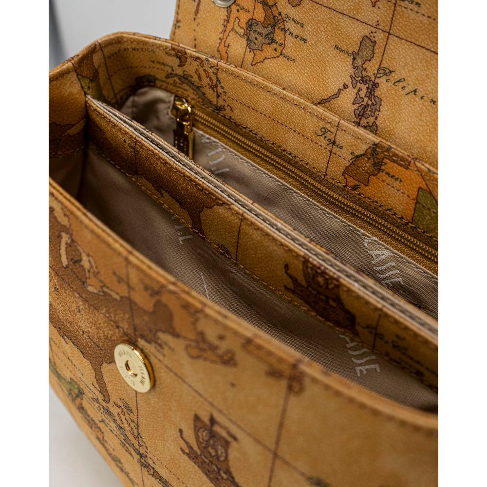 Interior view of Alviero Martini Prima Classe beige leather handbag showing map design lining and gold zipper.