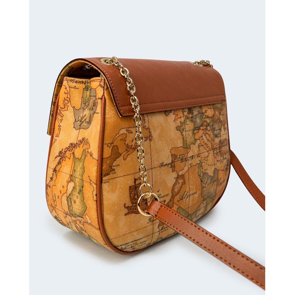 Alviero Martini Prima Classe beige leather handbag with map design, autumn/winter collection, side view showing gold chain strap.