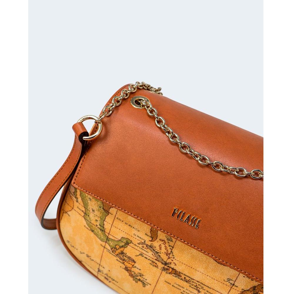 Alviero Martini Prima Classe beige leather handbag with map design and chain strap, perfect for autumn/winter fashion collection.