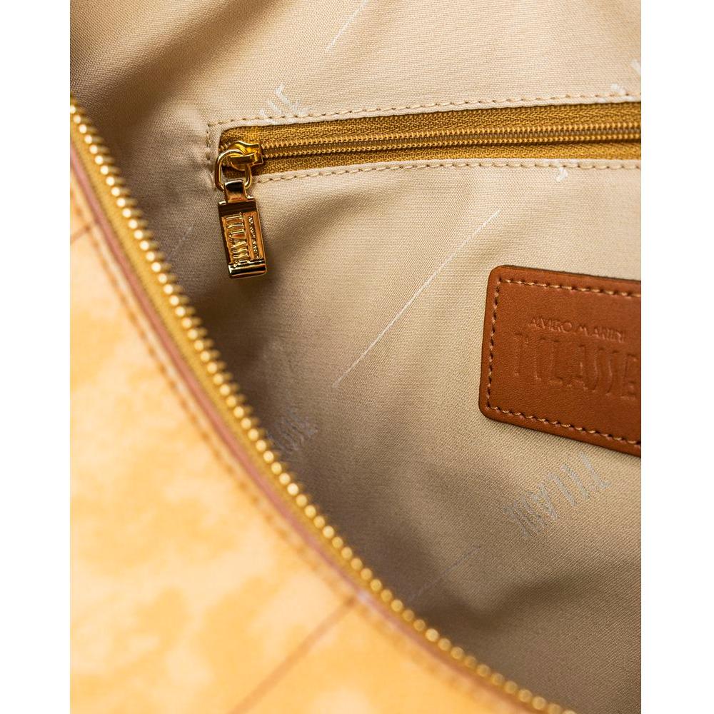 Interior view of Alviero Martini Prima Classe beige leather handbag showing zipper and logo detail.