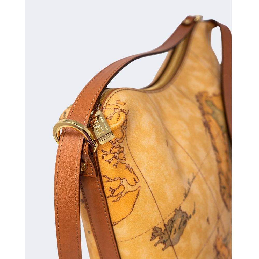 Close-up of Alviero Martini Prima Classe beige leather handbag showing detailed world map pattern and brown leather strap.