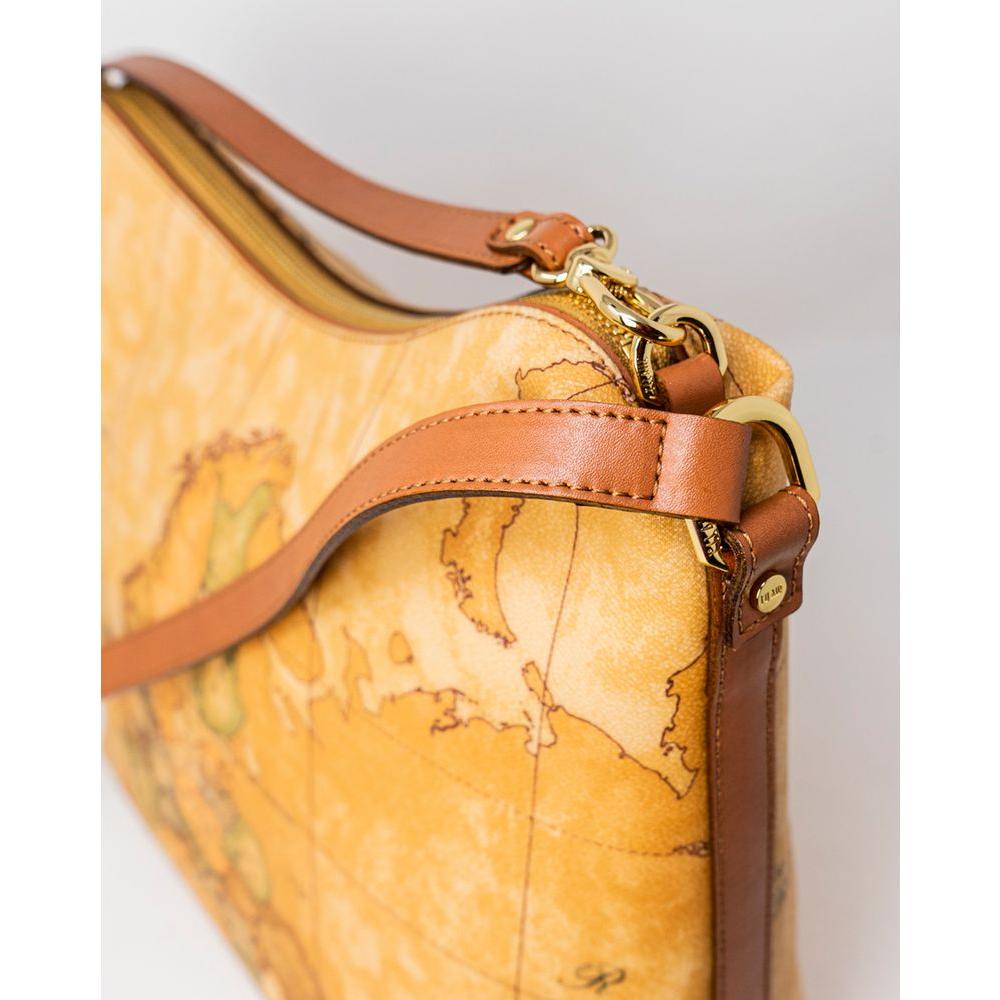 Close-up of Alviero Martini Prima Classe beige leather handbag with map design and gold hardware, ideal for autumn/winter fashion.