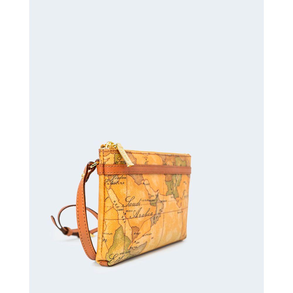 Beige Alviero Martini Prima Classe leather handbag with map design, autumn/winter collection, side view, for women.