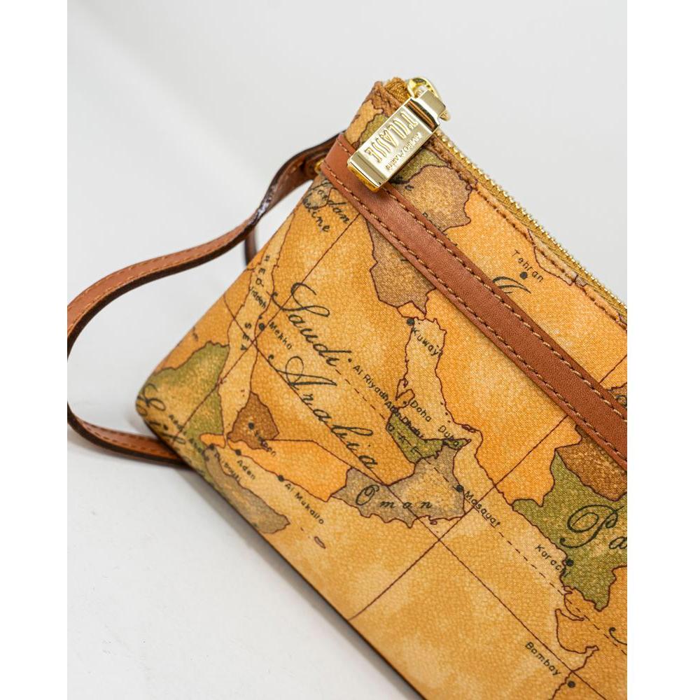 Close-up of Alviero Martini Prima Classe beige leather handbag with map design, featuring gold zipper and strap. Autumn/Winter collection.