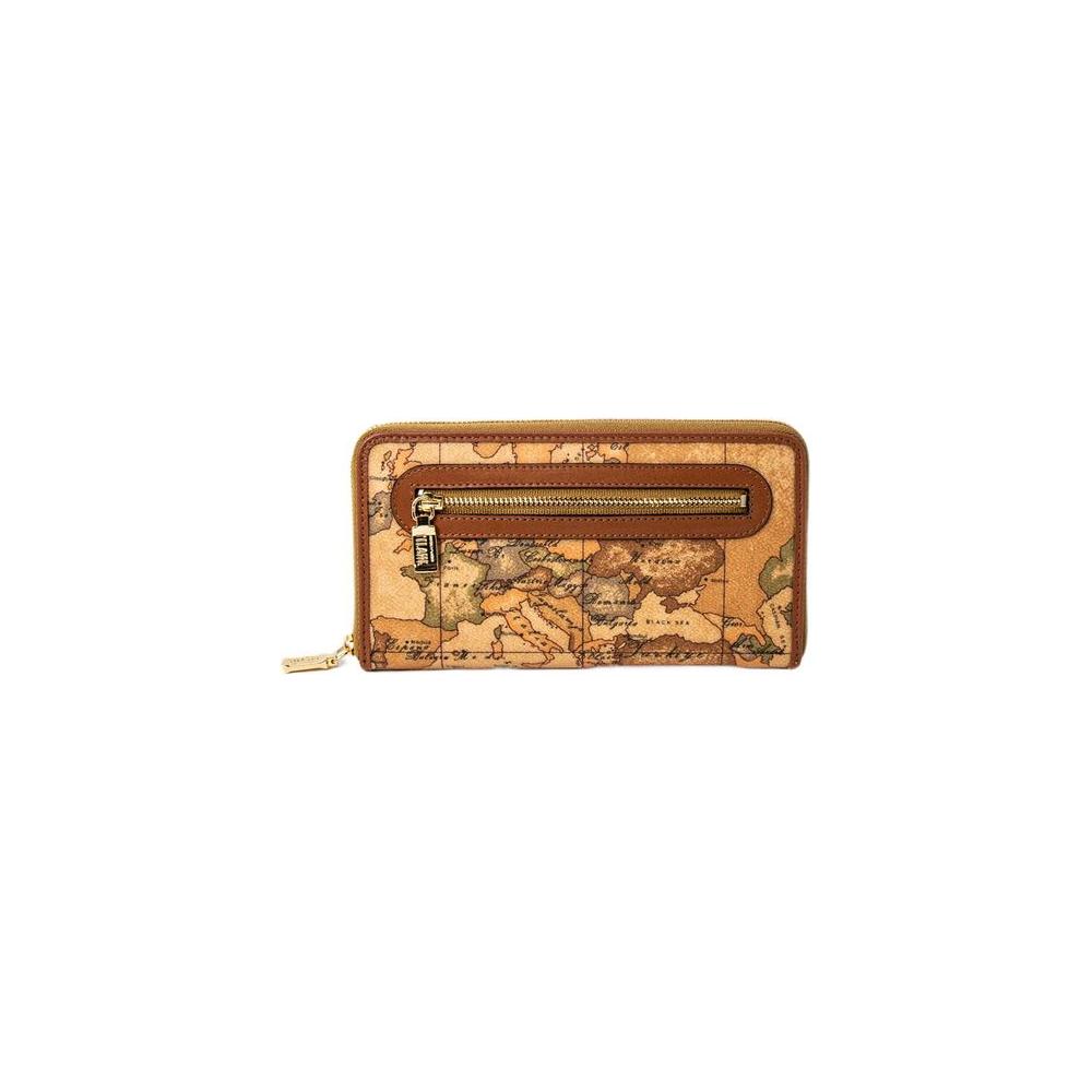 Alviero Martini Prima Classe beige leather wallet, autumn/winter collection, with map design and front zipper accent.
