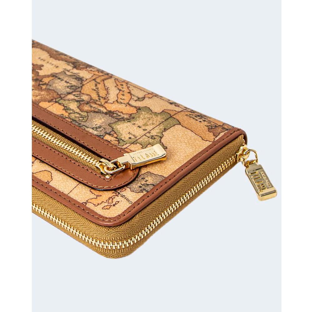 Alviero Martini Prima Classe beige leather wallet with map design, featuring two gold zippers and elegant stitching, Autumn/Winter collection.