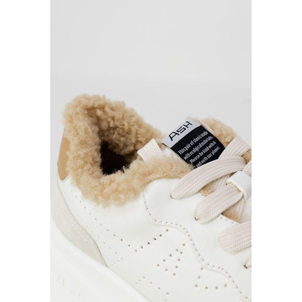 Close-up of the ASH Beige Leather Sneaker showing plush synthetic fur lining and beige leather finish, perfect for comfort and style.