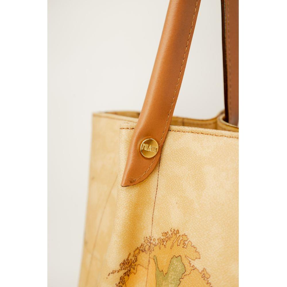 Close-up of Alviero Martini Prima Classe beige leather handbag showing detail and logo from Autumn/Winter collection.