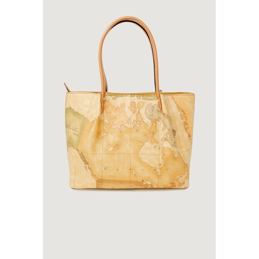 Alviero Martini Prima Classe beige leather handbag for women, autumn/winter collection, featuring a world map design.