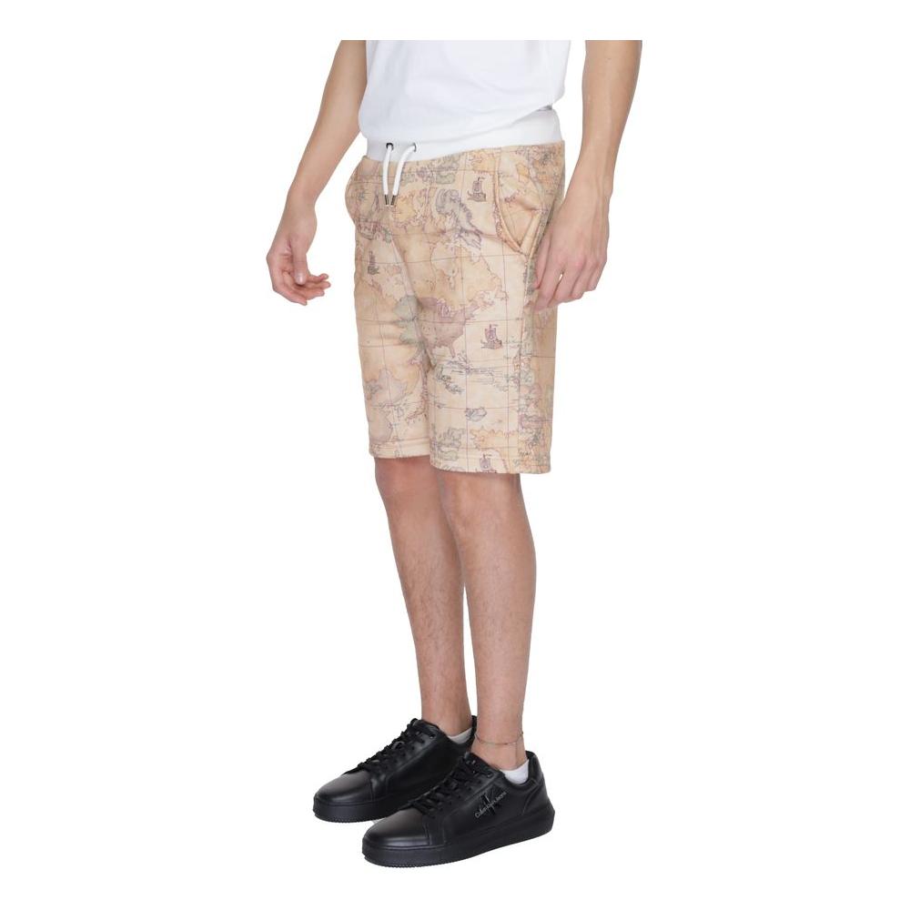 Alviero Martini Prima Classe beige polyester men's Bermuda shorts for spring/summer, featuring a map pattern, worn with black sneakers.