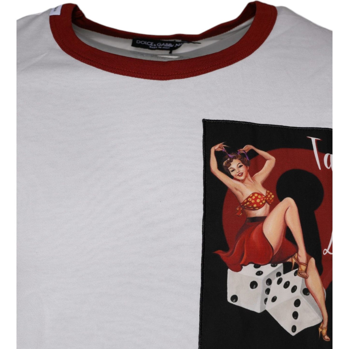 Dolce & Gabbana white graphic print cotton t-shirt with crew neck and red trim, featuring retro style graphic design.