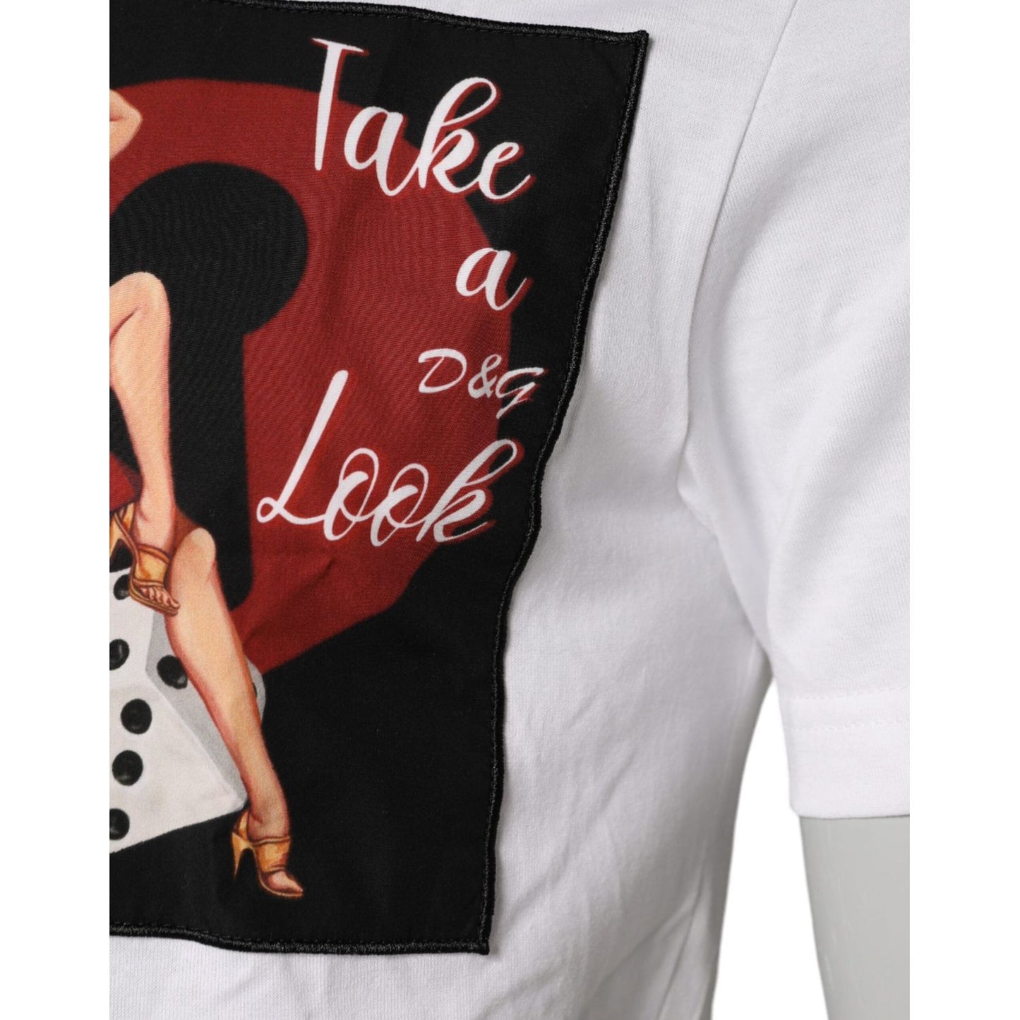 Dolce & Gabbana white cotton t-shirt with graphic print and logo detail, "Take a Look" text, crew neck, short sleeves, Italian made.