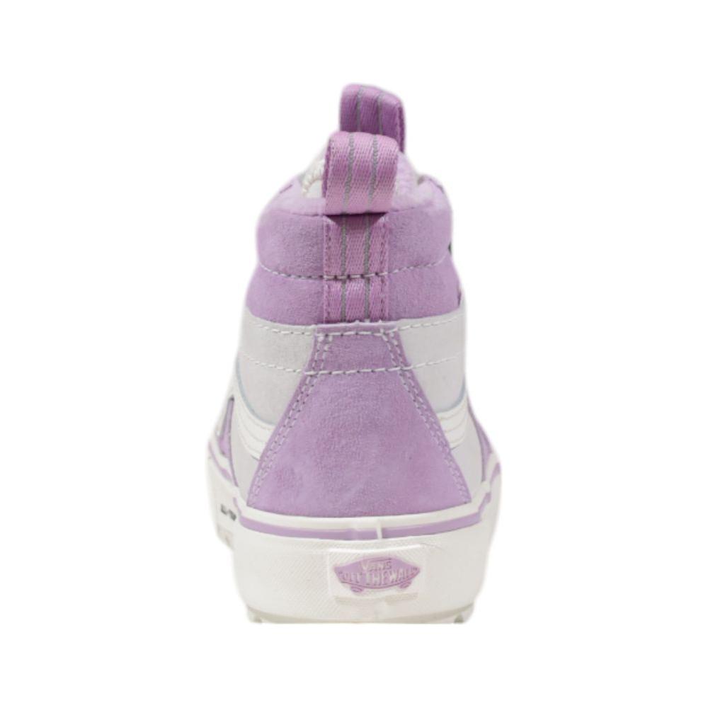 Rear view of Vans purple leather sneaker with high-top design and rubber sole for durability and ankle support.