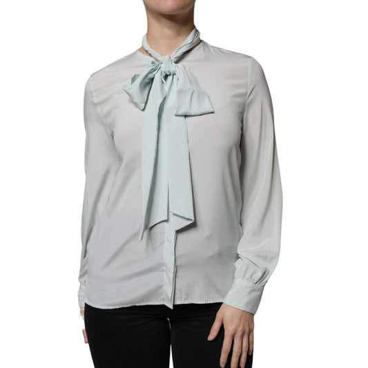 Ballantyne Light Blue Silk Ascot Collared Long Sleeves Top