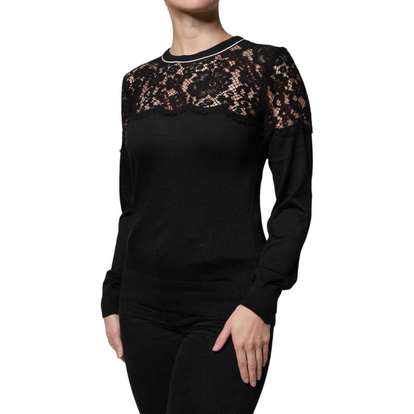 Dolce & Gabbana Black Floral Lace Silk Pullover Blouse Top Dolce & Gabbana Black