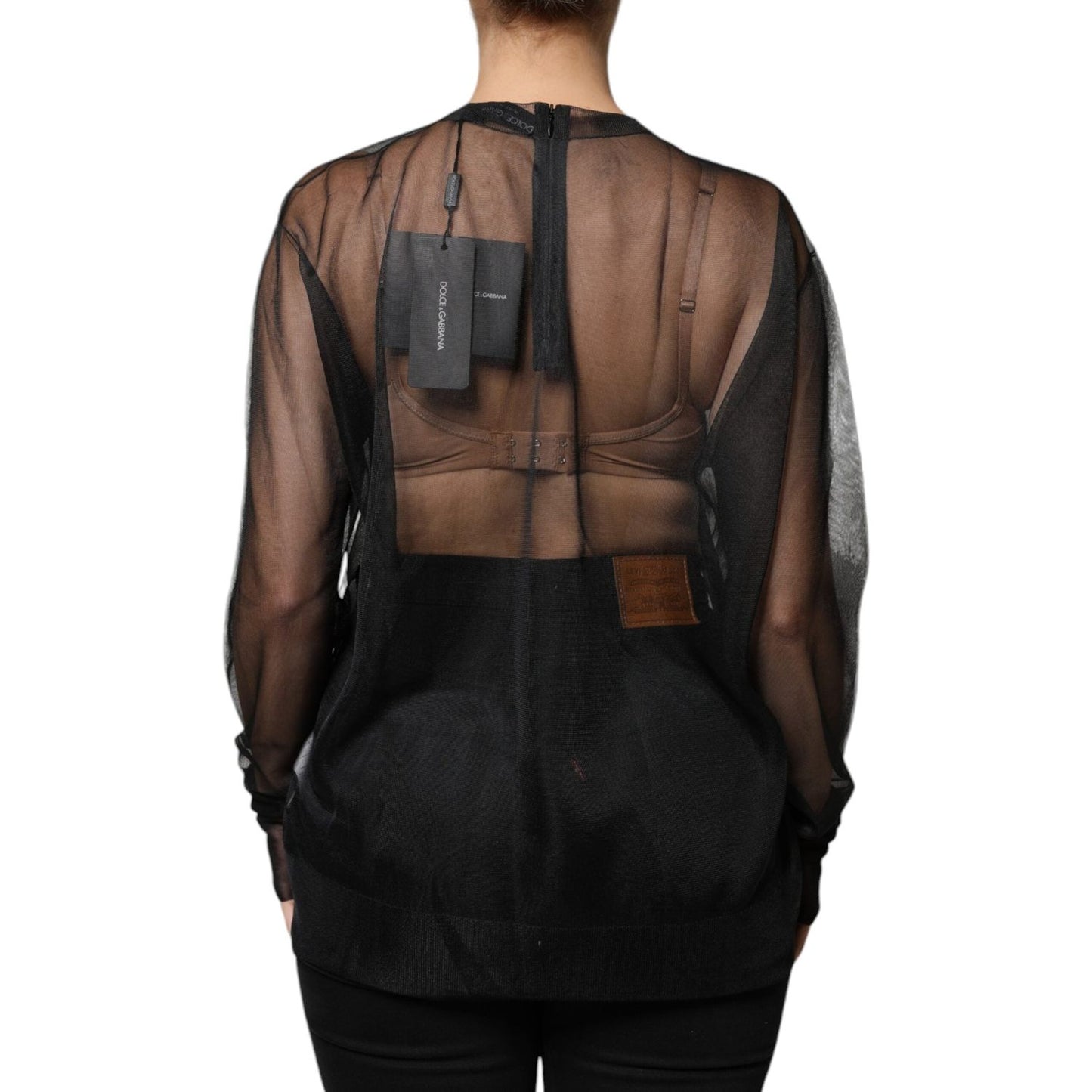 Dolce & Gabbana Black Sheer Long Sleeves Crewneck Blouse Top Dolce & Gabbana Black