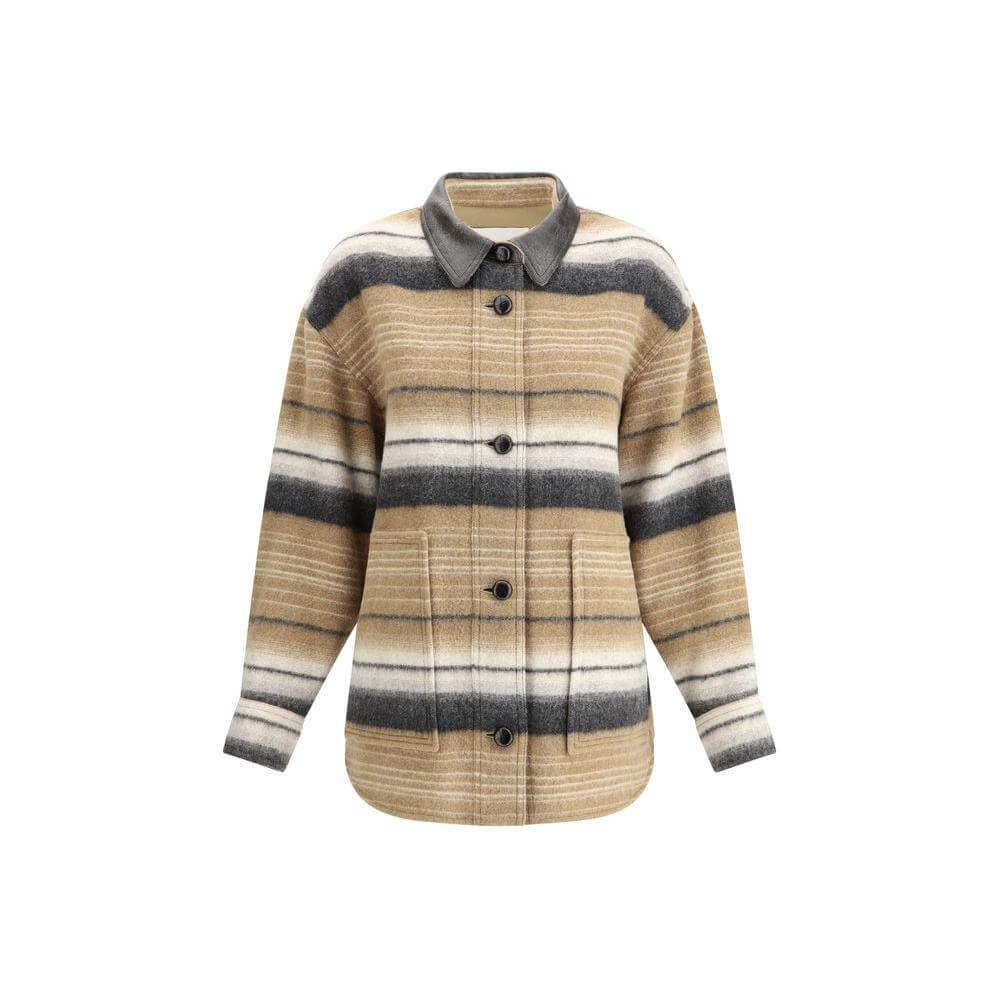 Marant Etoile Dayvi-ga wool jacket with leather collar, button front, striped pattern, and patch pockets.