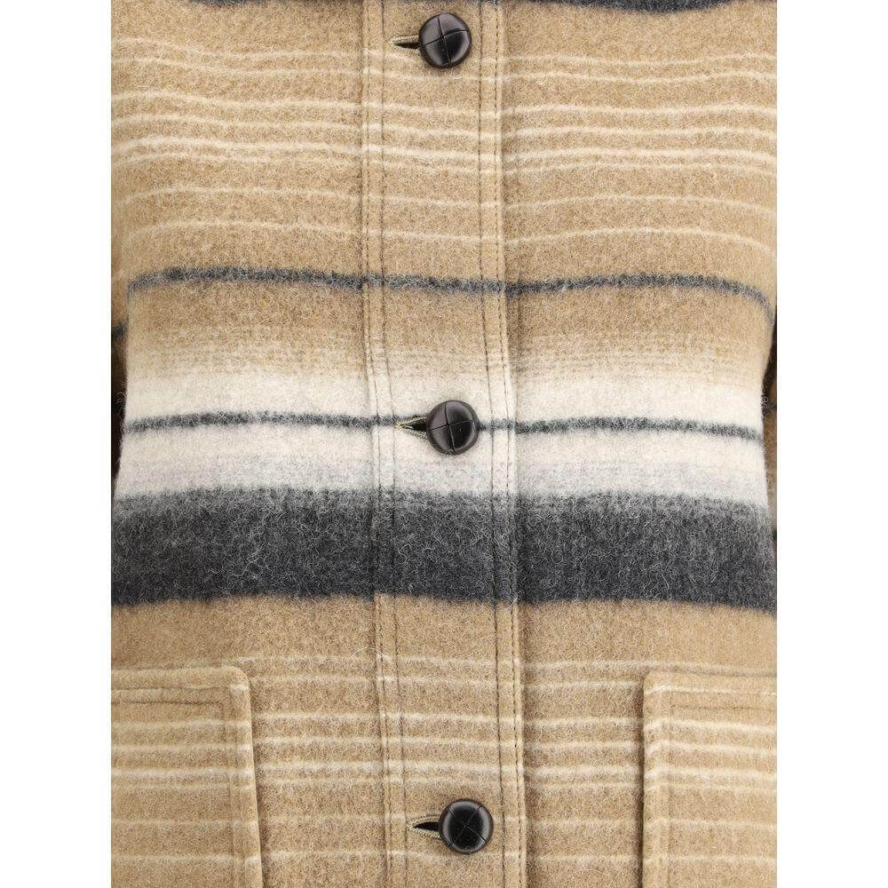 Close-up of Marant Etoile Dayvi-ga wool jacket with stripes, leather collar, and button front closure, showcasing pockets and design details.