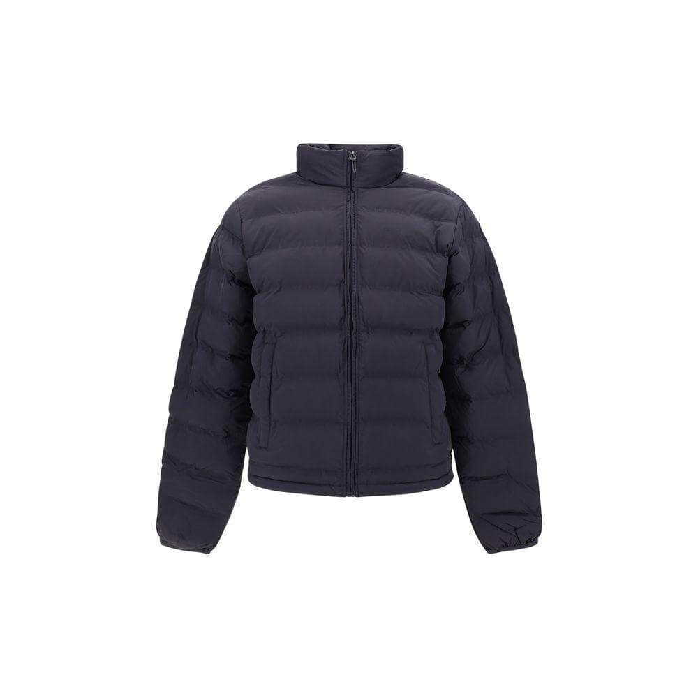 Daily Paper Down Jacket with quilted design, front zipper, side pockets, elastic cuffs, and monogram logo in monochrome.