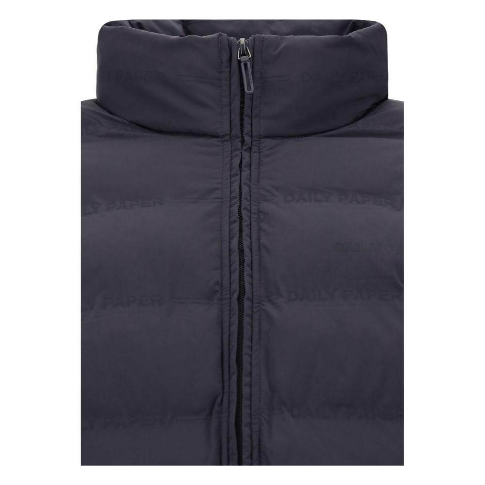 Daily Paper Down Jacket with front zipper, quilted padded design, and monogram detail in monochrome pattern.