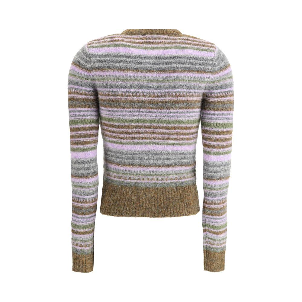 Ganni Merino Wool Cardigan with striped pattern, ribbed cuffs and hem, featuring contrasting embossed buttons and brand monogram detail.