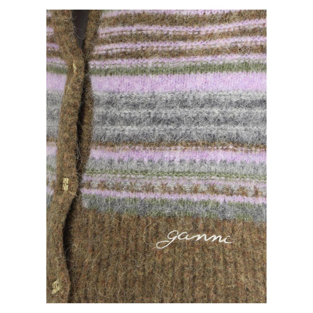 Ganni Merino Wool Cardigan with striped pattern, ribbed V-neck and cuffs, contrasting embossed buttons, and monogram detail.