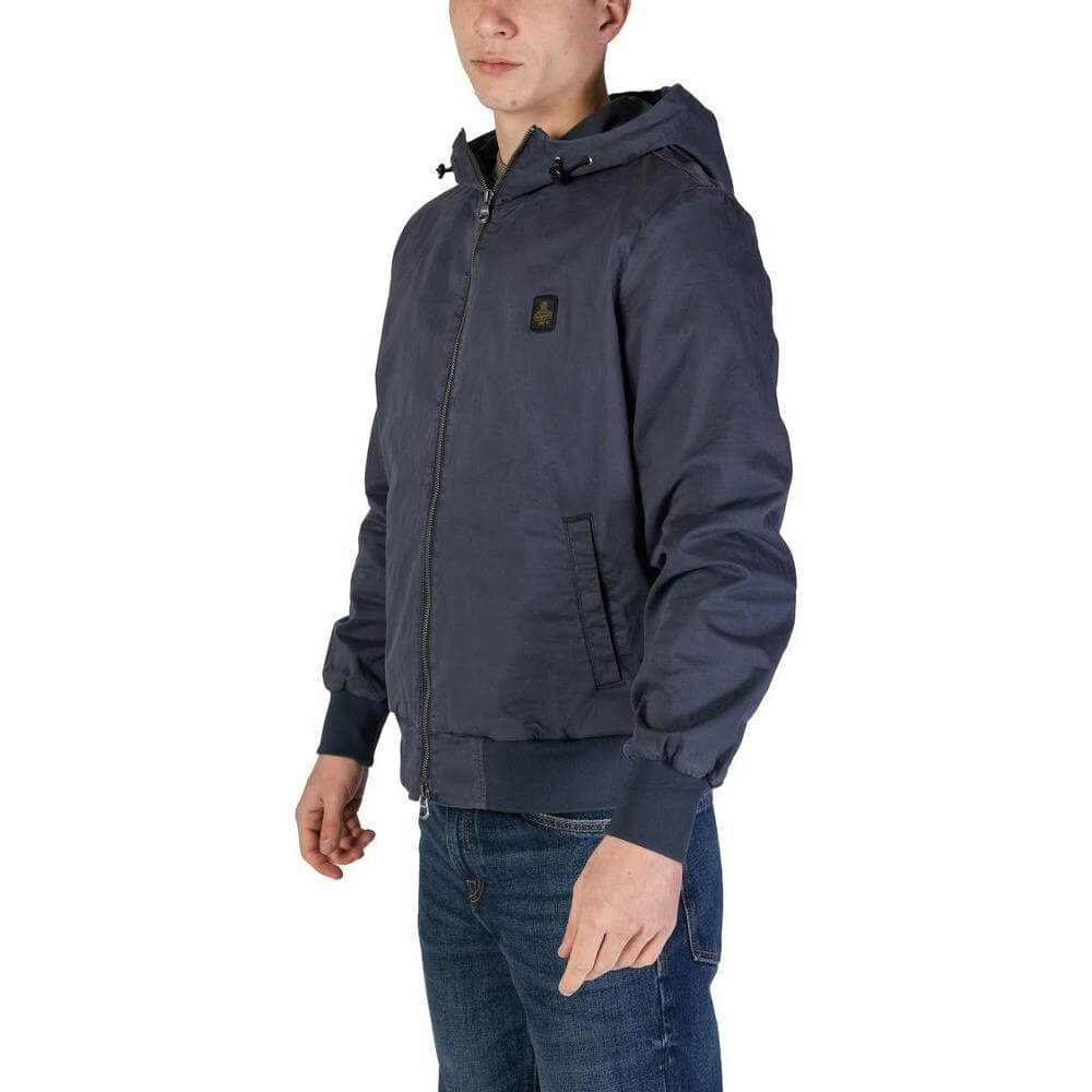 Refrigiwear men's blue cotton jacket for fall/winter, 98% cotton and 2% elastane, versatile outdoor wear with hood.
