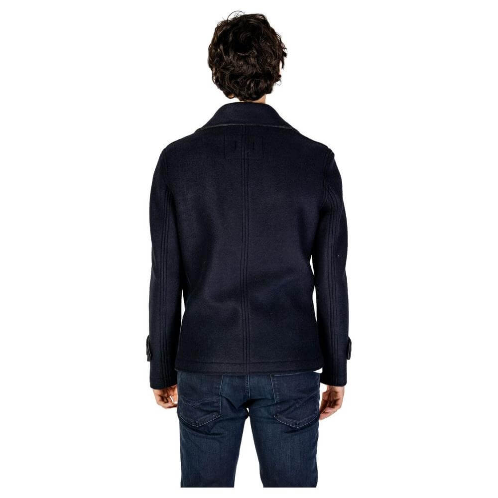 Back view of Hydra Clothing men's blue viscose jacket, part of the fall/winter collection with a blend of viscose, polyester, and wool.