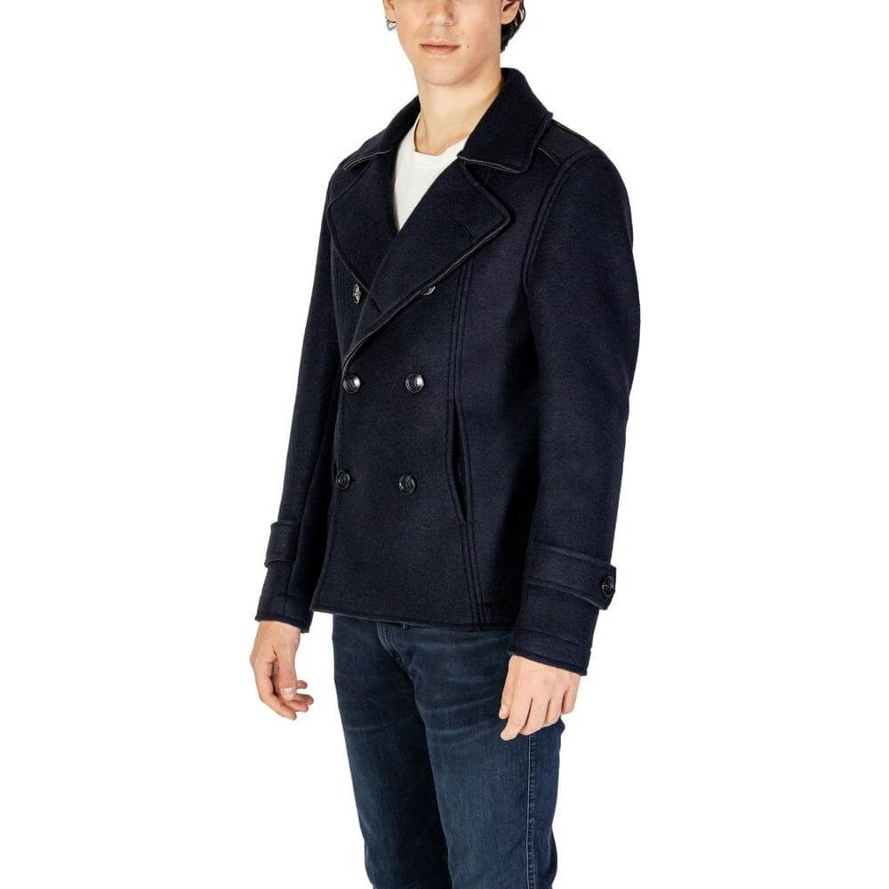 Man wearing Hydra Clothing blue viscose winter jacket, front view. Men's fall/winter apparel with viscose, polyester, wool blend.