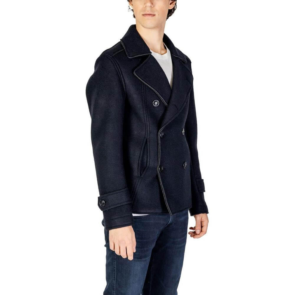 Hydra Clothing men's blue viscose jacket, fall/winter collection, double-breasted coat, stylish blend of viscose, polyester, and wool.