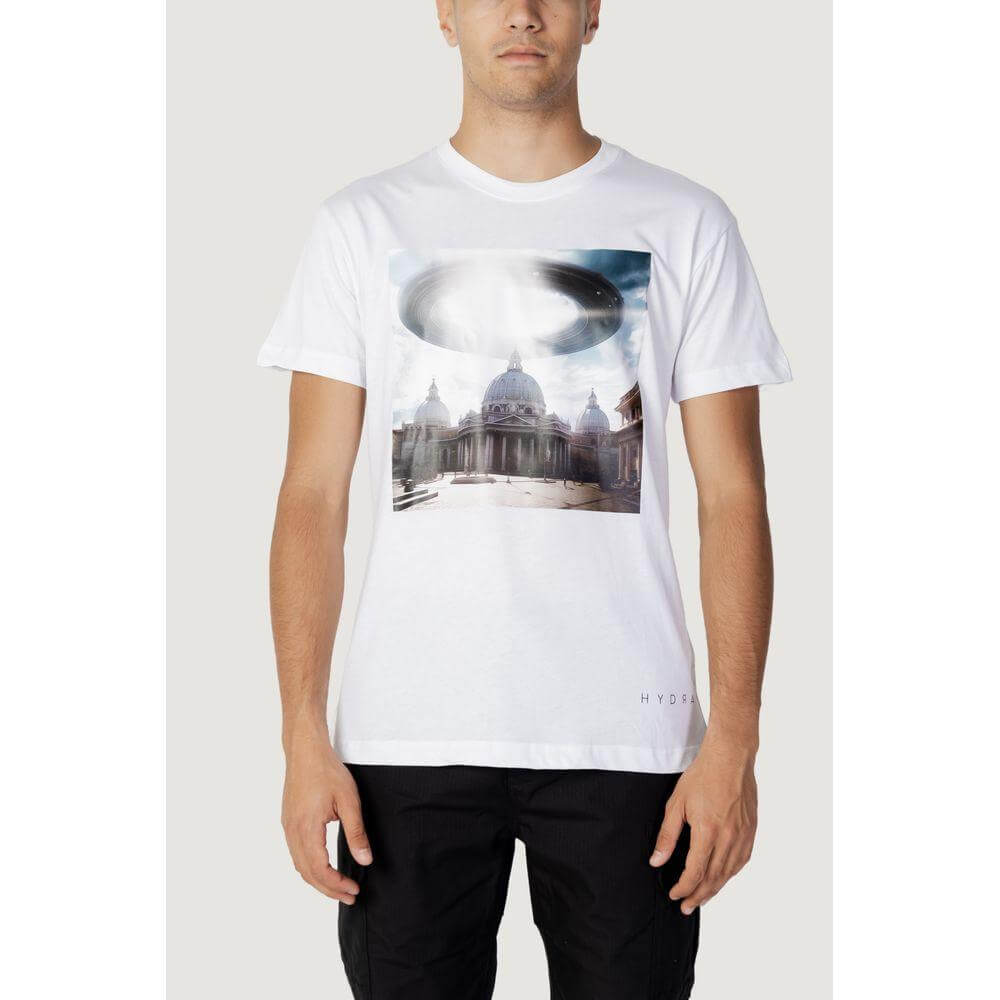 Man wearing Hydra Clothing white cotton t-shirt, spring/summer collection, featuring a graphic print, 100% cotton, casual wear.