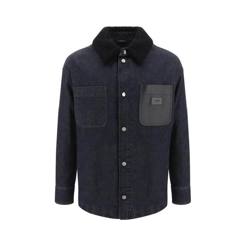 Fendi denim jacket with fur-trimmed collar, snap-button closure, and leather pocket featuring iconic logo for stylish sophistication.