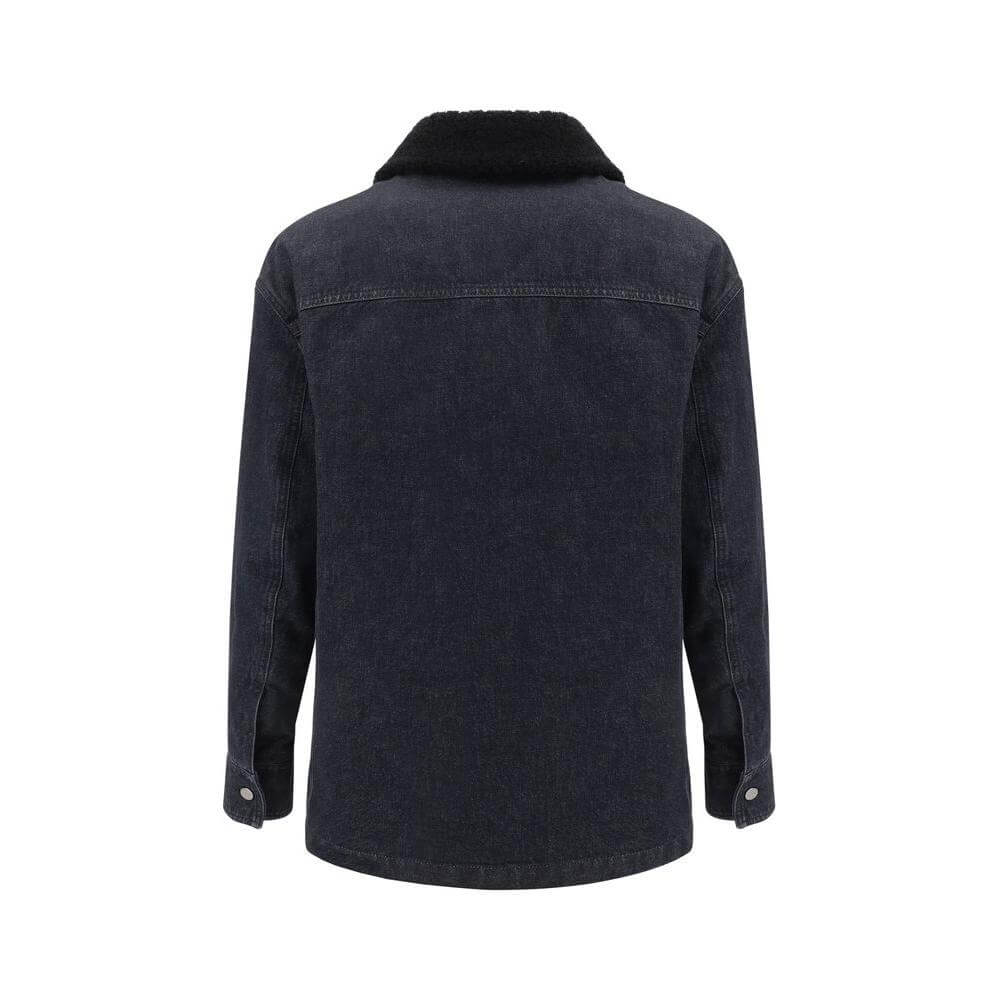 Back view of Fendi denim jacket with fur-trimmed collar and buttoned sleeves, showcasing luxury design and stylish elegance.